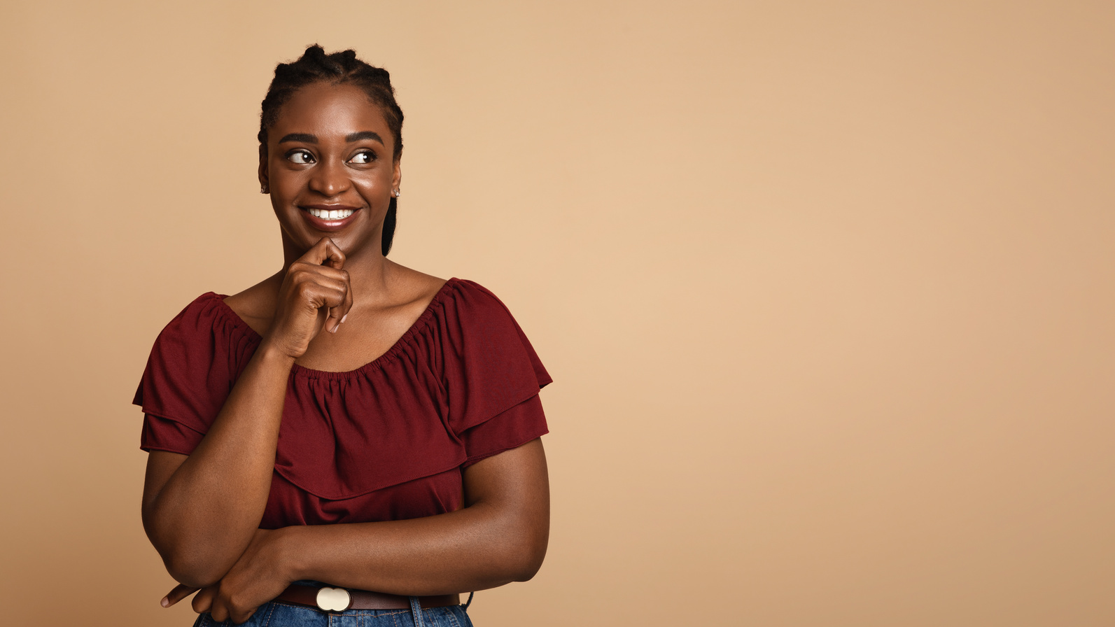 Curious Black Woman Looking at Copy Space, Panorama